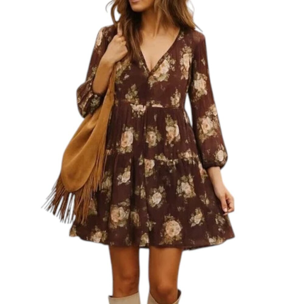 Abercrombie and Fitch Brown Floral Babydoll Tiered Mini Dress